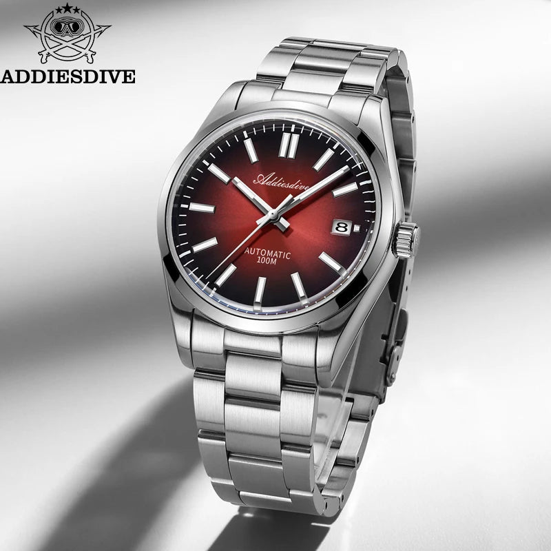 ADDIESDIVE Watch New Sappire Red Gradient Sunburst Dial Luxury NH35 Automatic Watch Waterproof 100m Dress Men Wristwatch AD2071