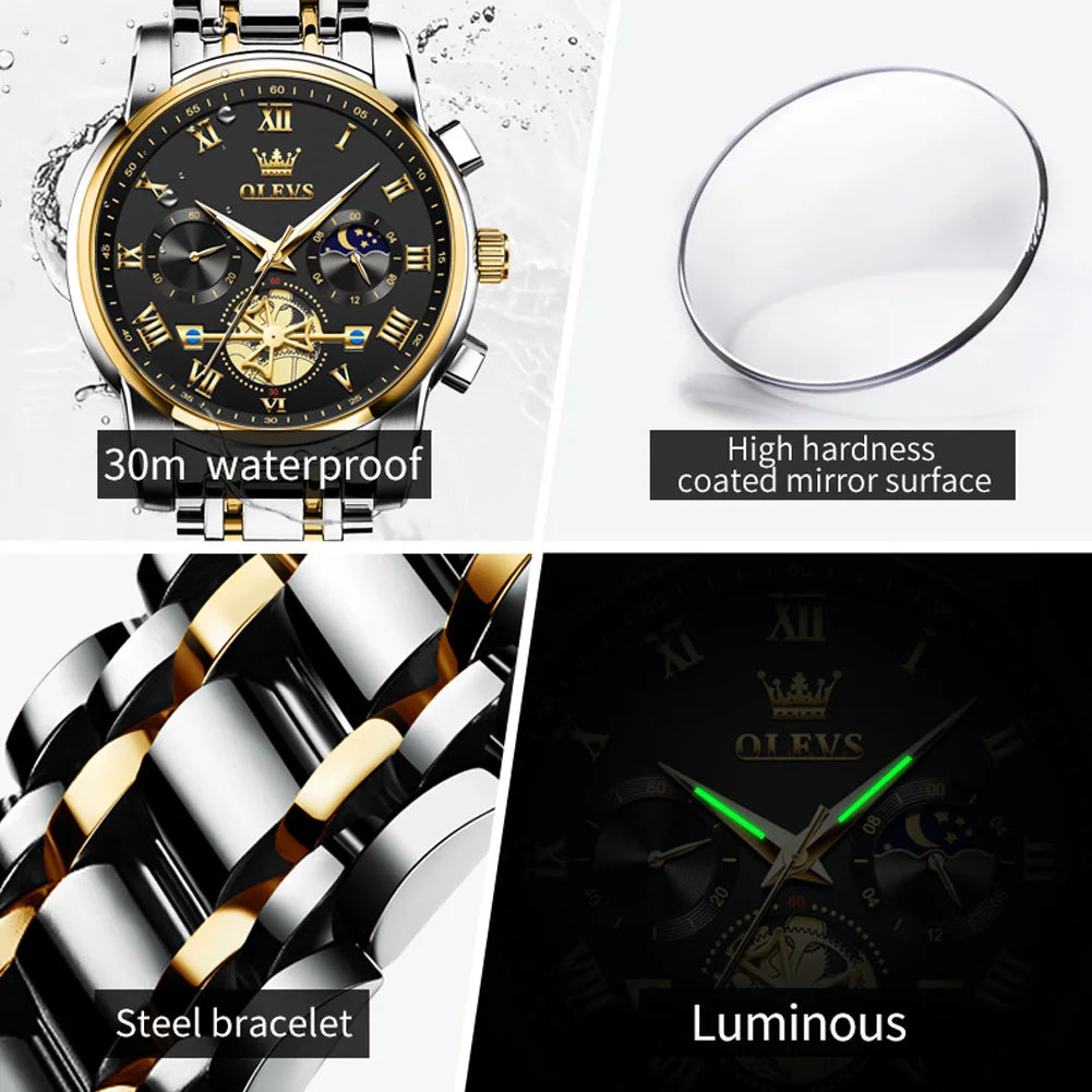 OLEVS 2859  Luxury Stainless Steel Waterproof Quartz Watch for Men Chronograph Luminous Mens Wristwatches Relojes Para Hombre