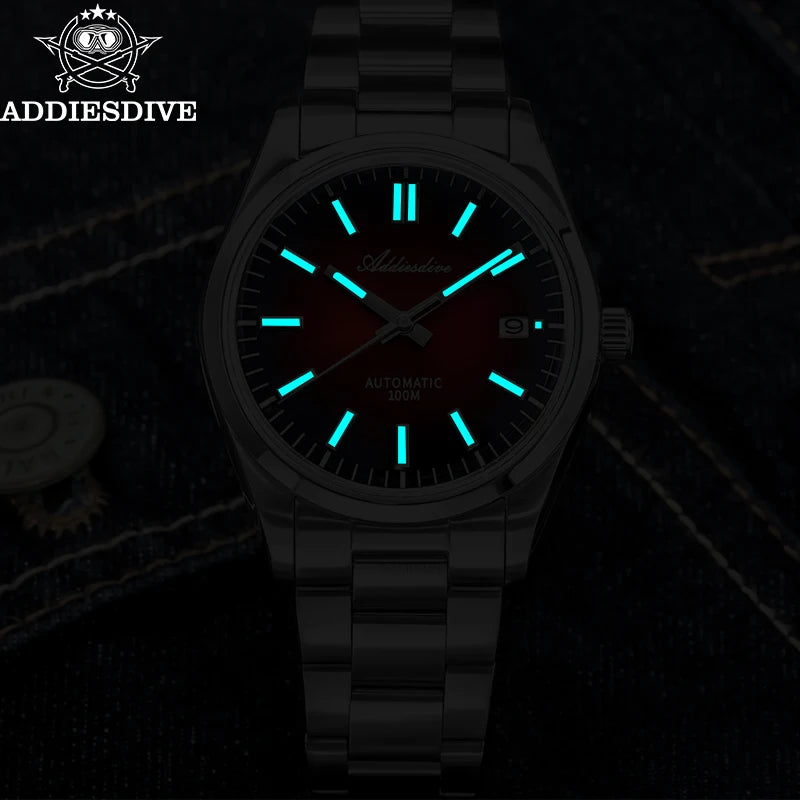ADDIESDIVE Watch New Sappire Red Gradient Sunburst Dial Luxury NH35 Automatic Watch Waterproof 100m Dress Men Wristwatch AD2071