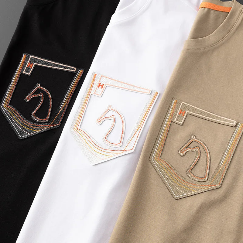 Minglu Lyocell Summer Men's T-shirts Cotton Solid Color Round Collar Short Sleeve Warhorse Embroidery Male T-shirts Man Tees