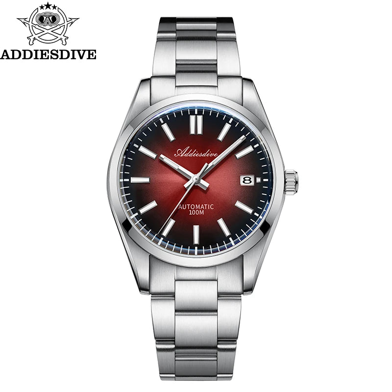 ADDIESDIVE Watch New Sappire Red Gradient Sunburst Dial Luxury NH35 Automatic Watch Waterproof 100m Dress Men Wristwatch AD2071