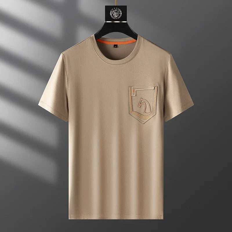 Minglu Lyocell Summer Men's T-shirts Cotton Solid Color Round Collar Short Sleeve Warhorse Embroidery Male T-shirts Man Tees