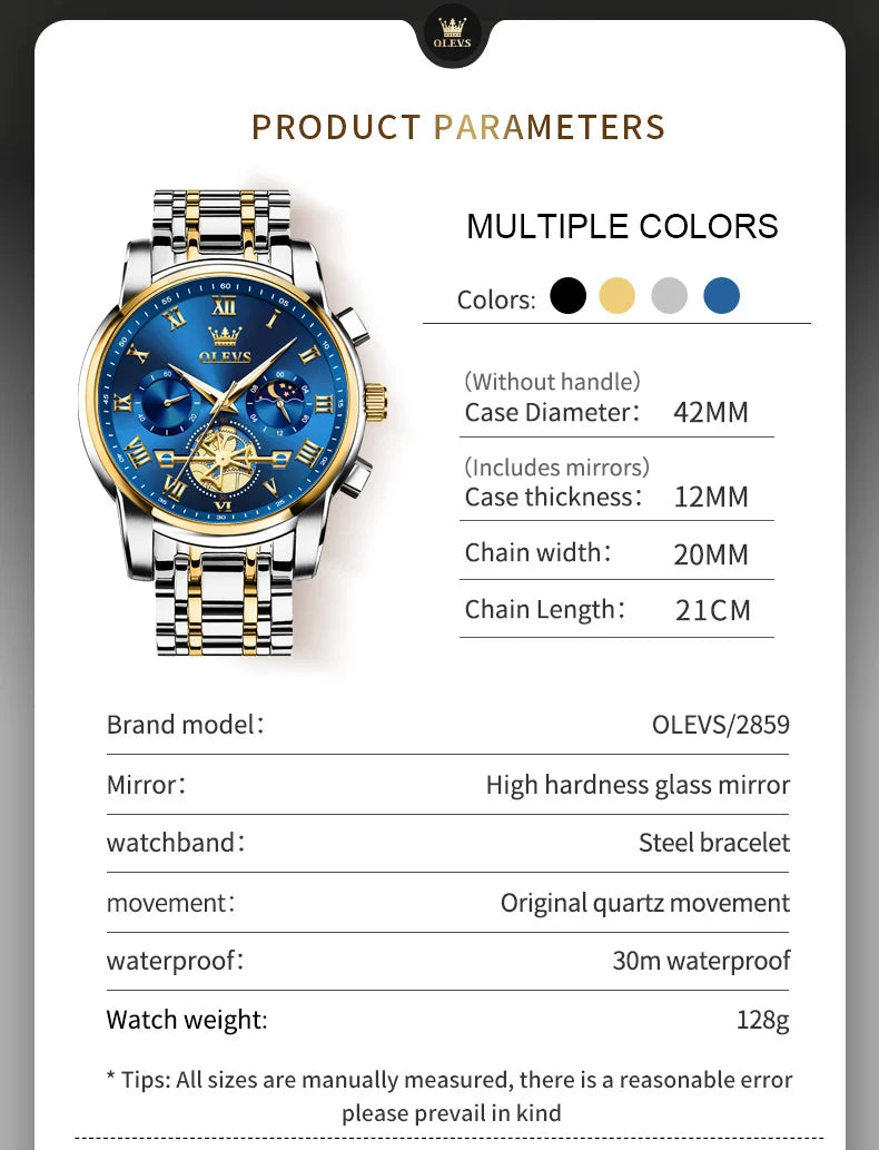 OLEVS 2859  Luxury Stainless Steel Waterproof Quartz Watch for Men Chronograph Luminous Mens Wristwatches Relojes Para Hombre