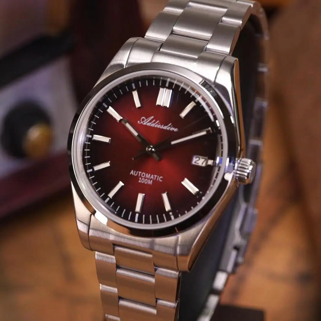 ADDIESDIVE Watch New Sappire Red Gradient Sunburst Dial Luxury NH35 Automatic Watch Waterproof 100m Dress Men Wristwatch AD2071