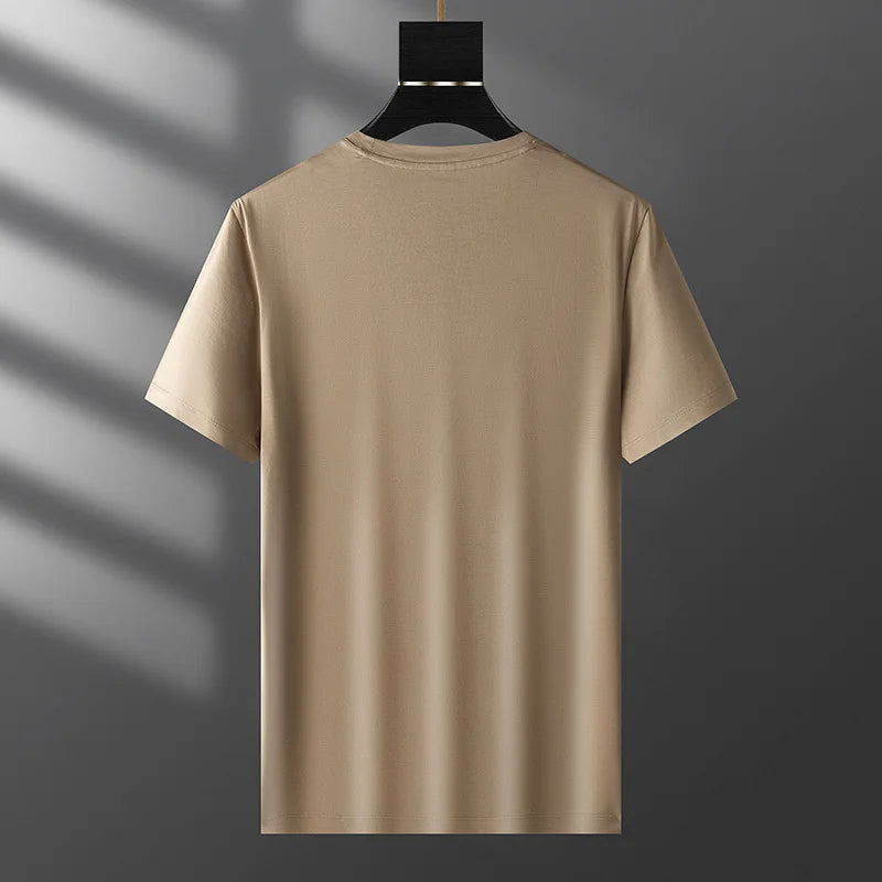 Minglu Lyocell Summer Men's T-shirts Cotton Solid Color Round Collar Short Sleeve Warhorse Embroidery Male T-shirts Man Tees