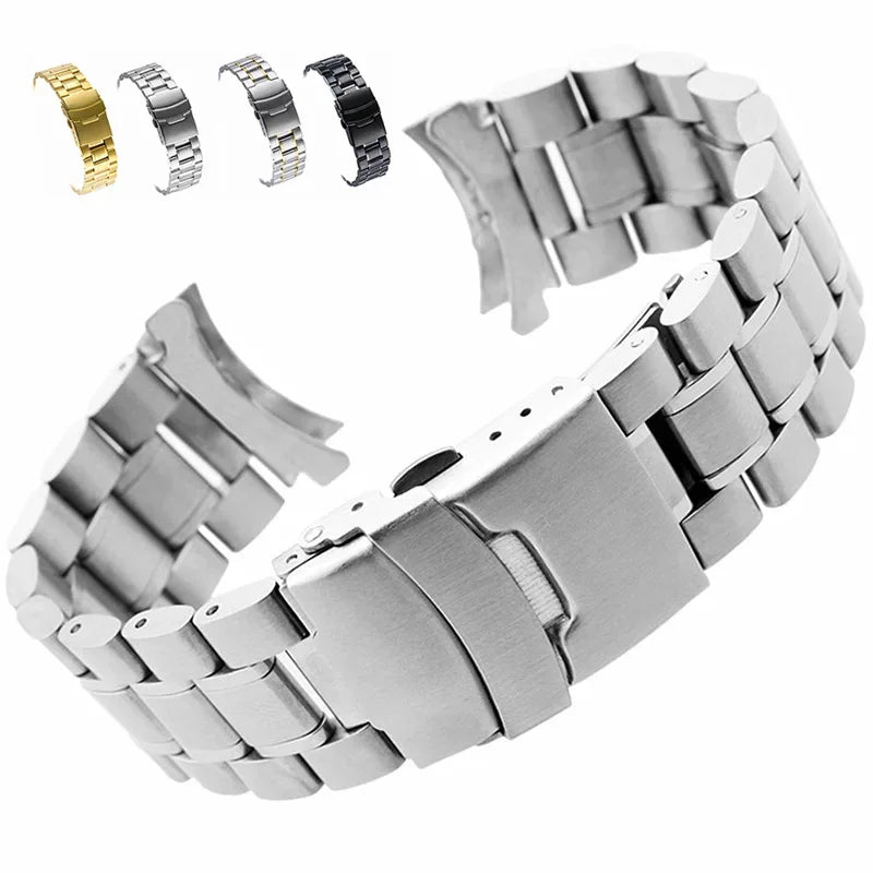 18/20/22/24 Stainless Steel Solid Strap Curved End Double Safety Folding Buckle Universal Replace Watch Band Bracelet for Seiko