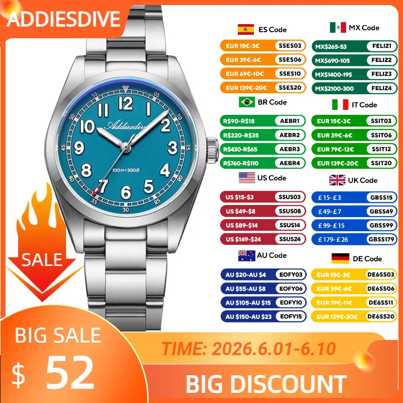 ADDIESDIVE Elegant Analog Watch BGW9 Luminous Sapphire Crystal Quartz Watches Stainless Steel AD2521 Male Clock Waterproof Watch