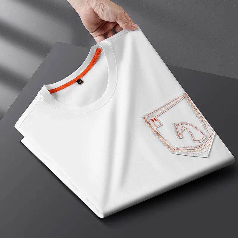 Minglu Lyocell Summer Men's T-shirts Cotton Solid Color Round Collar Short Sleeve Warhorse Embroidery Male T-shirts Man Tees