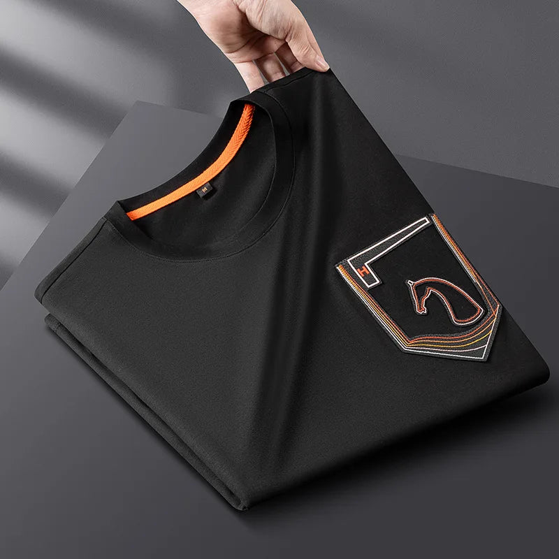 Minglu Lyocell Summer Men's T-shirts Cotton Solid Color Round Collar Short Sleeve Warhorse Embroidery Male T-shirts Man Tees