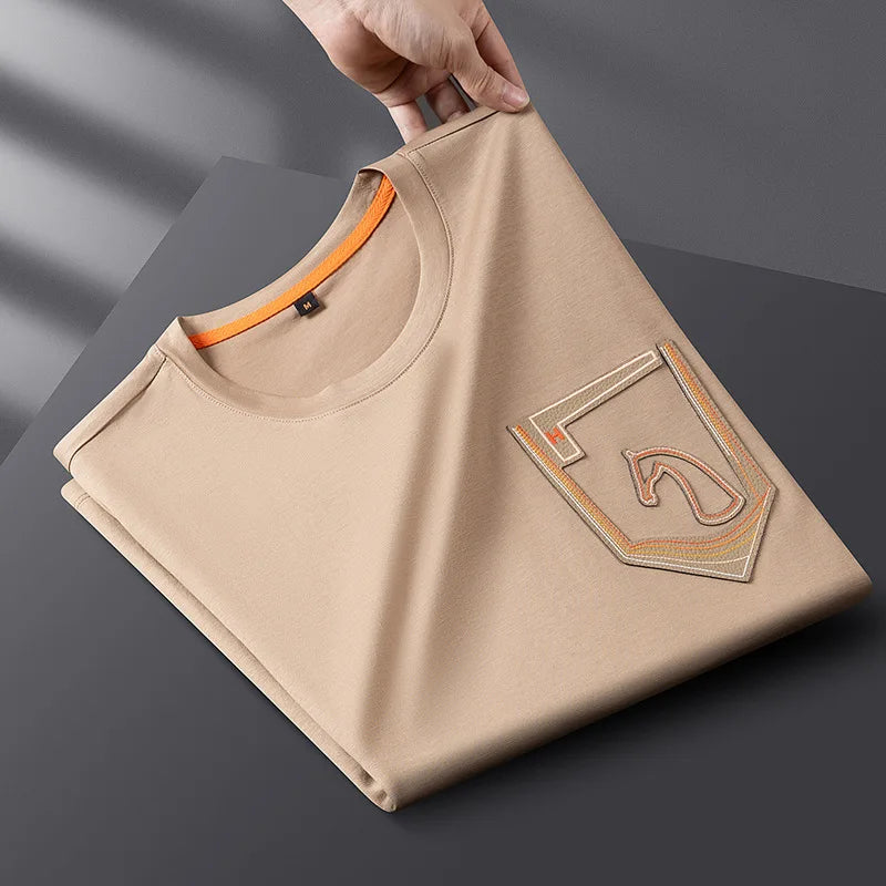 Minglu Lyocell Summer Men's T-shirts Cotton Solid Color Round Collar Short Sleeve Warhorse Embroidery Male T-shirts Man Tees