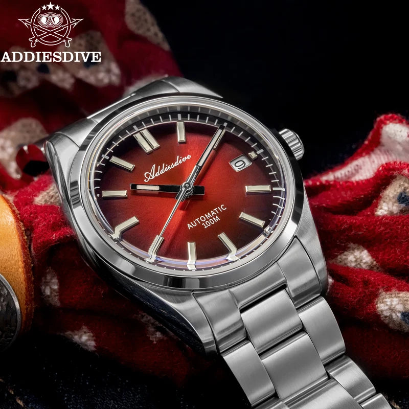 ADDIESDIVE Watch New Sappire Red Gradient Sunburst Dial Luxury NH35 Automatic Watch Waterproof 100m Dress Men Wristwatch AD2071