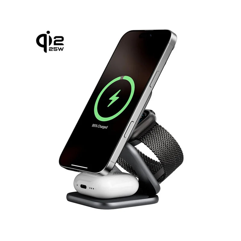 KUXIU X40 Turbo Qi2.2 Certified 25W 3-in-1 MagSafe Foldable Wireless Charging Stand For iphone 17 16 15 14 13/ iWatch/AirPod